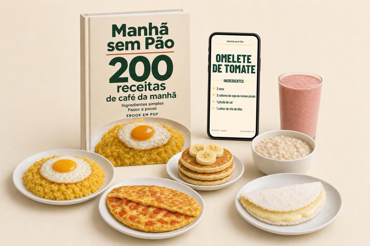 Capa do ebook Manhã sem Pão em formato de livro, celular mostrando uma página de receita e seis pratos do livro.