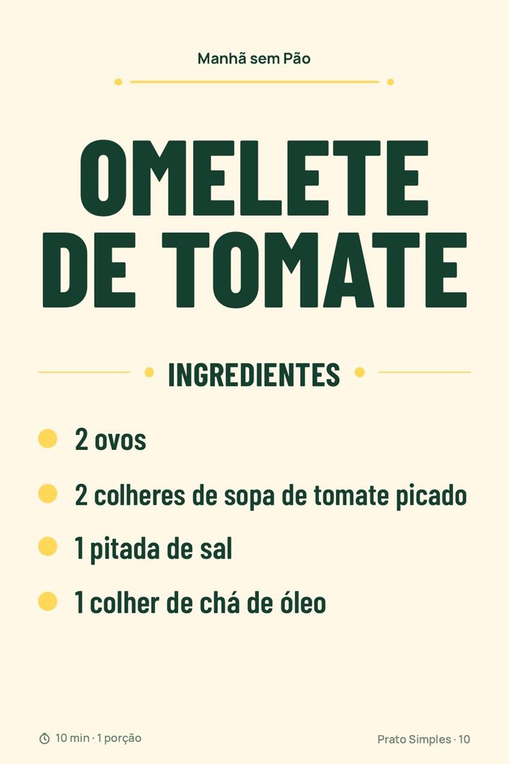 Página de ingredientes da omelete de tomate: 2 ovos, tomate picado, sal e óleo